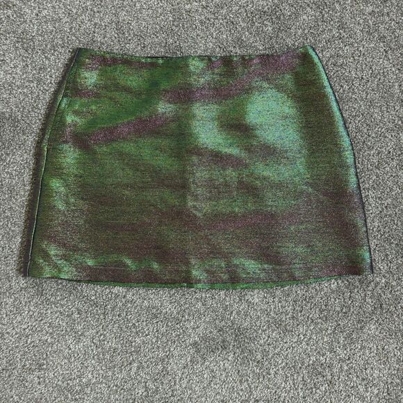 Light Before Dark Skirt Womens Medium Green Purple Metallic Iridescent Mini Zip - Picture 1 of 12